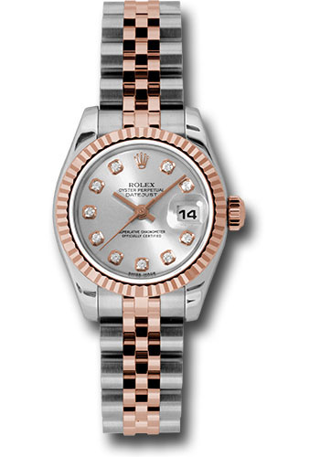 Rolex Steel and Everose Gold Rolesor Lady Datejust 26 Watch - Fluted Bezel - Silver Diamond Dial - Jubilee Bracelet