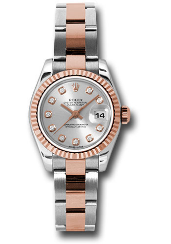 Rolex Steel and Everose Gold Rolesor Lady Datejust 26 Watch - Fluted Bezel - Silver Diamond Dial - Oyster Bracelet