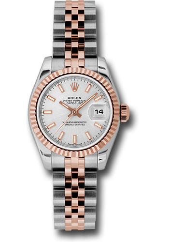 Rolex Steel and Everose Gold Rolesor Lady Datejust 26 Watch - Fluted Bezel - Silver Index Dial - Jubilee Bracelet