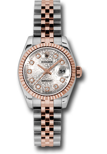 Rolex Steel and Everose Gold Rolesor Lady Datejust 26 Watch - Fluted Bezel - Silver Jubilee Diamond Dial - Jubilee Bracelet