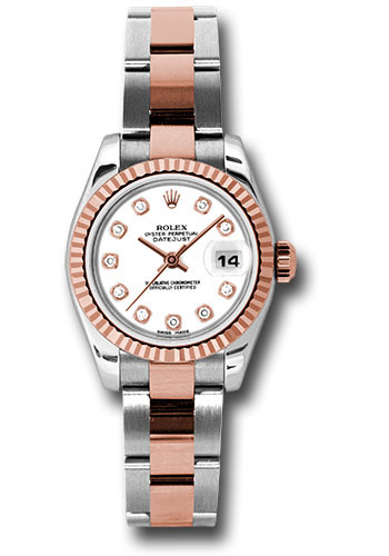 Rolex Steel and Everose Gold Rolesor Lady Datejust 26 Watch - Fluted Bezel - White Diamond Dial - Oyster Bracelet