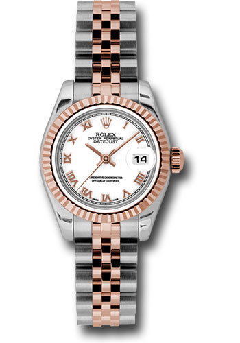 Rolex Steel and Everose Gold Rolesor Lady Datejust 26 Watch - Fluted Bezel - White Roman Dial - Jubilee Bracelet