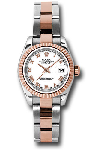 Rolex Steel and Everose Gold Rolesor Lady Datejust 26 Watch - Fluted Bezel - White Roman Dial - Oyster Bracelet