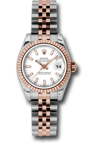 Rolex Steel and Everose Gold Rolesor Lady Datejust 26 Watch - Fluted Bezel - White Index Dial - Jubilee Bracelet