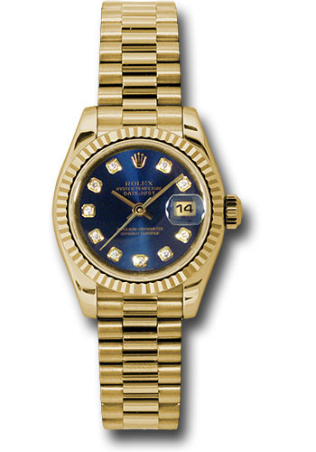 Rolex Yellow Gold Lady-Datejust 26 Watch - Fluted Bezel - Blue Diamond Dial - President Bracelet