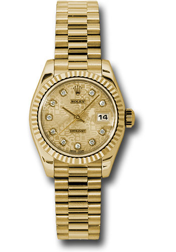 Rolex Yellow Gold Lady-Datejust 26 Watch - Fluted Bezel - Champagne Jubilee Diamond Dial - President Bracelet