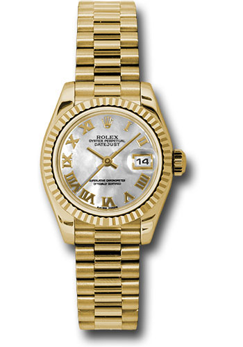 Rolex Yellow Gold Lady-Datejust 26 Watch - Fluted Bezel - Mother-Of-Pearl Roman Dial - President Bracelet