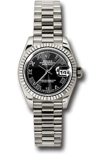 Rolex White Gold Lady-Datejust 26 Watch - Fluted Bezel - Black Roman Dial - President Bracelet
