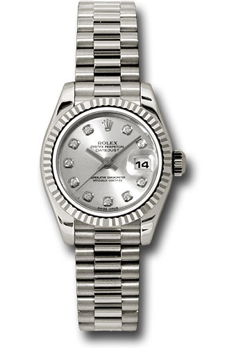 Rolex White Gold Lady-Datejust 26 Watch - Fluted Bezel - Silver Diamond Dial - President Bracelet
