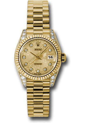 Rolex Yellow Gold Lady-Datejust 26 Watch - Fluted Bezel - Champagne Jubilee Diamond Dial - President Bracelet