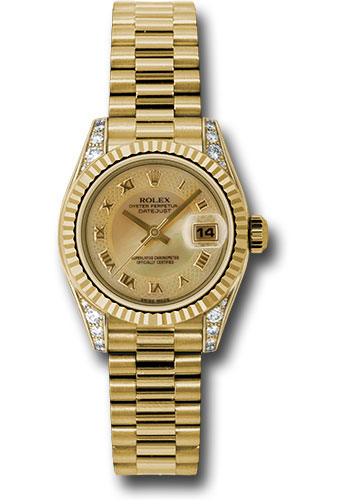 Rolex Yellow Gold Lady-Datejust 26 Watch - Fluted Bezel - Champagne Decorated Mother-Of-Pearl Roman Dial - President Bracelet