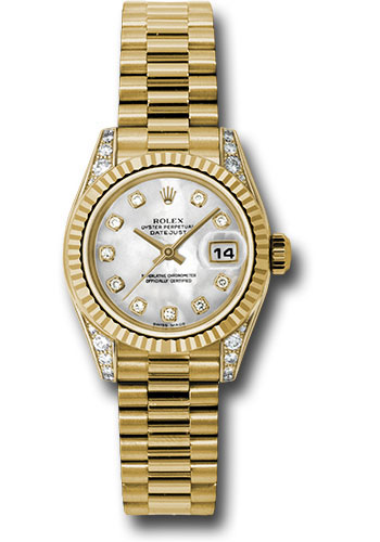 Rolex Yellow Gold Lady-Datejust 26 Watch - Fluted Bezel - Mother-Of-Pearl Diamond Dial - President Bracelet