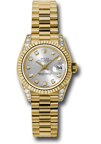 Rolex Yellow Gold Lady-Datejust 26 Watch - Fluted Bezel - Silver Diamond Dial - President Bracelet