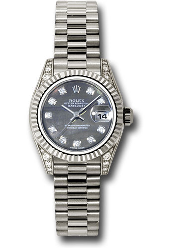 Rolex White Gold Lady-Datejust 26 Watch - Fluted Bezel - Dark Mother-Of-Pearl Diamond Dial - President Bracelet