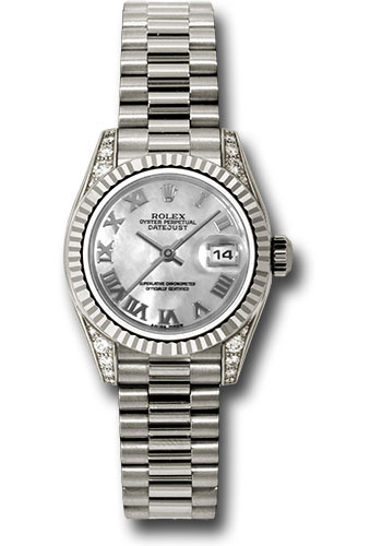 Rolex White Gold Lady-Datejust 26 Watch - Fluted Bezel - Mother-Of-Pearl Roman Dial - President Bracelet