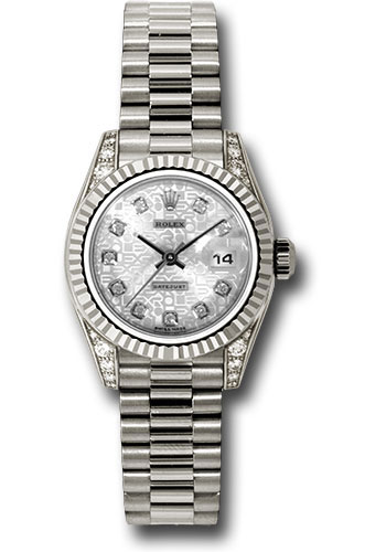 Rolex White Gold Lady-Datejust 26 Watch - Fluted Bezel - Silver Jubilee Diamond Dial - President Bracelet