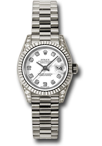 Rolex White Gold Lady-Datejust 26 Watch - Fluted Bezel - White Diamond Dial - President Bracelet