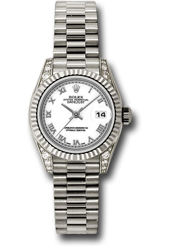 Rolex White Gold Lady-Datejust 26 Watch - Fluted Bezel - White Roman Dial - President Bracelet