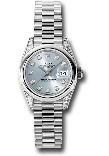 Rolex Platinum Lady-Datejust 26 Watch - Domed Bezel - Glacier Blue Diamond Dial - President Bracelet