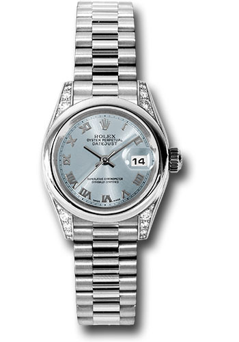 Rolex Platinum Lady-Datejust 26 Watch - Domed Bezel - Glacier Blue Roman Dial - President Bracelet
