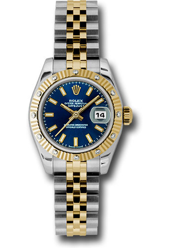 Rolex Steel and Yellow Gold Rolesor Lady Datejust 26 Watch - 12 Diamond Bezel - Blue Index Dial - Jubilee Bracelet