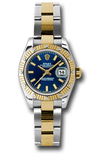 Rolex Steel and Yellow Gold Rolesor Lady Datejust 26 Watch - 12 Diamond Bezel - Blue Index Dial - Oyster Bracelet