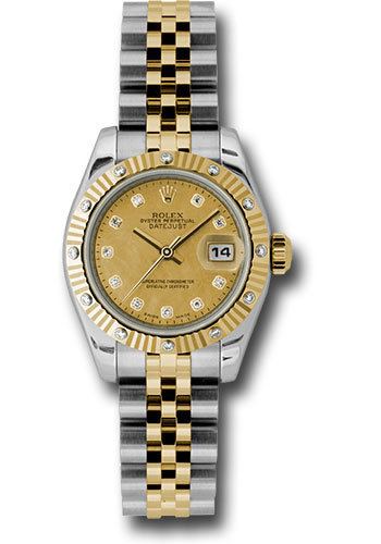 Rolex Steel and Yellow Gold Rolesor Lady Datejust 26 Watch - 12 Diamond Bezel - Goldust Mother-Of-Pearl Diamond Dial - Jubilee Bracelet