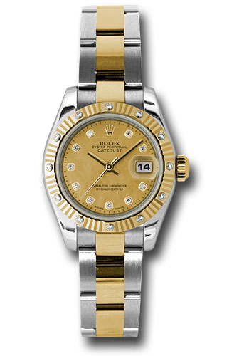Rolex Steel and Yellow Gold Rolesor Lady Datejust 26 Watch - 12 Diamond Bezel - Goldust Mother-Of-Pearl Diamond Dial - Oyster Bracelet