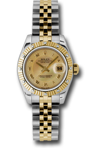 Rolex Steel and Yellow Gold Rolesor Lady Datejust 26 Watch - 12 Diamond Bezel - Champagne Decorated Mother-Of-Pearl Roman Dial - Jubilee Bracelet