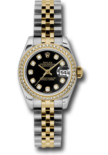 Rolex Steel and Yellow Gold Rolesor Lady Datejust 26 Watch - 46 Diamond Bezel - Black Diamond Dial - Jubilee Bracelet