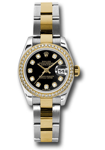 Rolex Steel and Yellow Gold Rolesor Lady Datejust 26 Watch - 46 Diamond Bezel - Black Diamond Dial - Oyster Bracelet