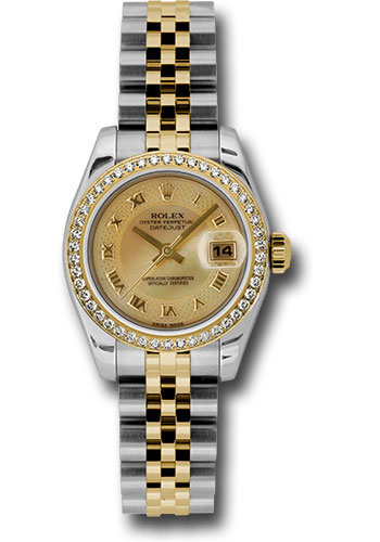 Rolex Steel and Yellow Gold Rolesor Lady Datejust 26 Watch - 46 Diamond Bezel - Champagne Mother-Of-Pearl Decorated Roman Dial - Jubilee Bracelet