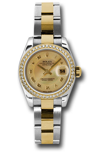 Rolex Steel and Yellow Gold Rolesor Lady Datejust 26 Watch - 46 Diamond Bezel - Champagne Mother-Of-Pearl Decorated Roman Dial - Oyster Bracelet