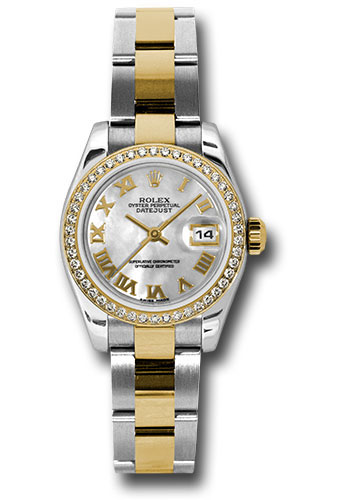 Rolex Steel and Yellow Gold Rolesor Lady Datejust 26 Watch - 46 Diamond Bezel - White Mother-Of-Pearl Roman Dial - Jubilee Bracelet
