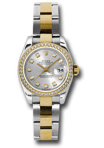 Rolex Steel and Yellow Gold Rolesor Lady Datejust 26 Watch - 46 Diamond Bezel - Silver Diamond Dial - Oyster Bracelet