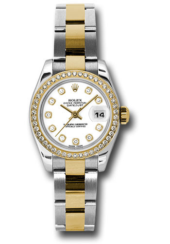 Rolex Steel and Yellow Gold Rolesor Lady Datejust 26 Watch - 46 Diamond Bezel - White Diamond Dial - Oyster Bracelet
