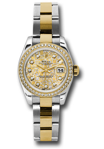 Rolex Steel and Yellow Gold Rolesor Lady Datejust 26 Watch - 46 Diamond Bezel - Yellow Gold Crystal Diamond Dial - Oyster Bracelet