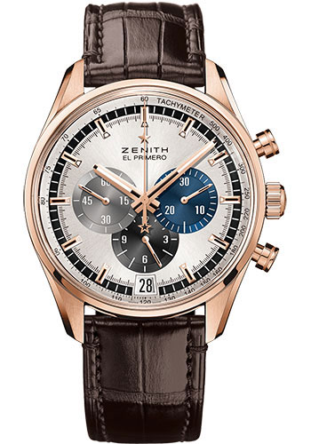 Zenith Chronomaster El Primero Watch - Rose Gold - Silver Dial - Brown Alligator Strap