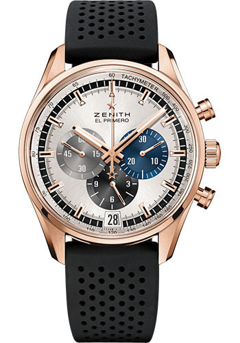 Zenith Chronomaster El Primero Watch - Rose Gold - Silver Dial - Black Rubber Strap