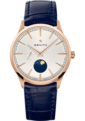 Zenith Elite Moonphase Watch - Rose Gold - Silver Dial - Blue Alligator Strap