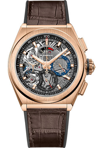 Zenith Defy El Primero 21 Watch - Rose Gold - Openworked Dial - Black Rubber and Alligator Strap