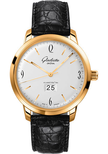 Glashütte Original Sixties Panorama Date - Rose Gold Case - Silver Dial - Black Louisiana Alligator Strap - Pin Buckle