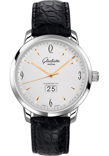 Glashütte Original Sixties Panorama Date - Steel Case - Silver Dial - Black Louisiana Alligator Strap - Pin Buckle