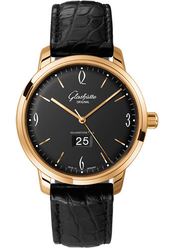 Glashütte Original Sixties Panorama Date - Rose Gold Case - Black Dial - Black Louisiana Alligator Strap - Pin Buckle