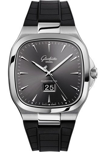 Glashütte Original Seventies Panorama Date - Steel Case - Ruthenium Dial - Black Rubber Short Strap - Folding Buckle