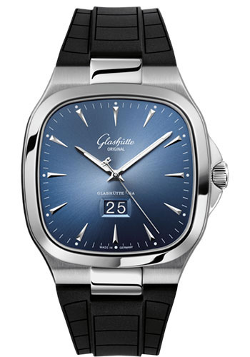 Glashütte Original Seventies Panorama Date - Steel Case - Blue Dial - Black Rubber Short Strap - Folding Buckle