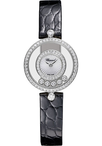 Chopard Happy Diamonds Icons Watch - 25.80 mm White Gold Diamond Case - Mother-of-Pearl Dial - Black Strap