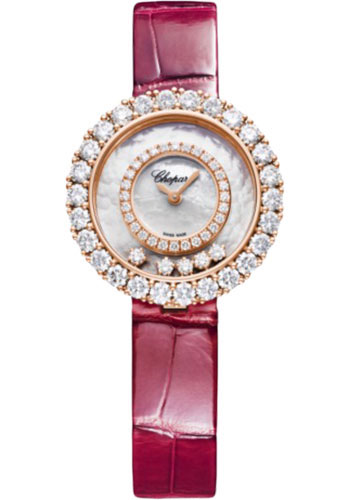 Chopard Happy Diamonds Joaillerie Watch - 28.60 mm Rose Gold Diamond Case - Diamond-Set Bezel - Mother-Of-Pearl Dial - Red Strap