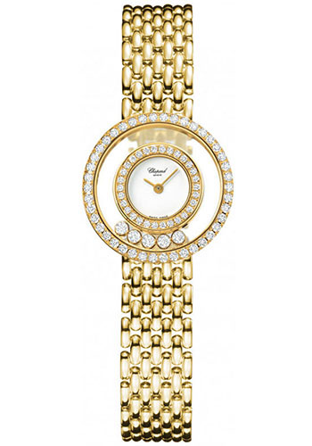 Chopard Happy Diamonds Watch - 23 mm Yellow Gold Case - 5 Mobile Diamonds Between Double Diamond Bezel - White Dial