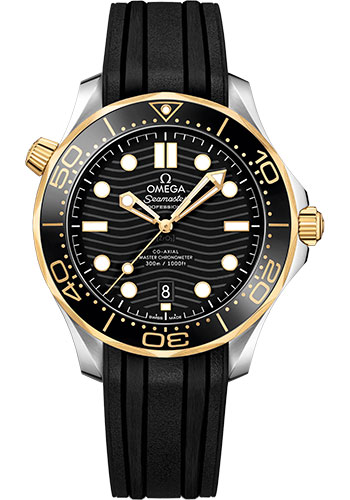 Omega Seamaster Diver 300M Co-Axial Master Chronometer Watch - 42 mm Steel And Yellow Gold Case - Unidirectional Bezel - Black Ceramic Dial - Black Rubber Strap
